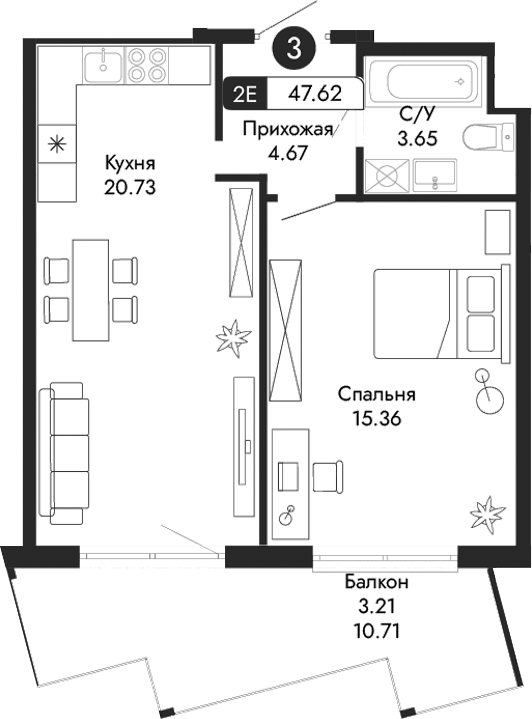 Планировка — Парковая Резиденция, 2-комн., 44 м²