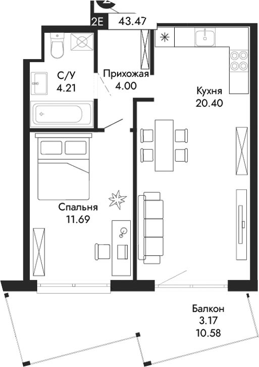 Планировка — Парковая Резиденция, 2-комн., 40 м²