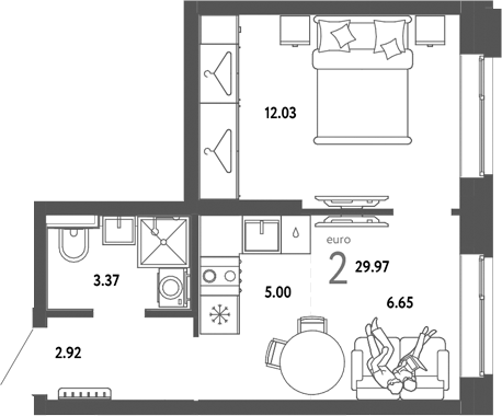 Планировка — Сибирский сад, 2-комн., 30 м²