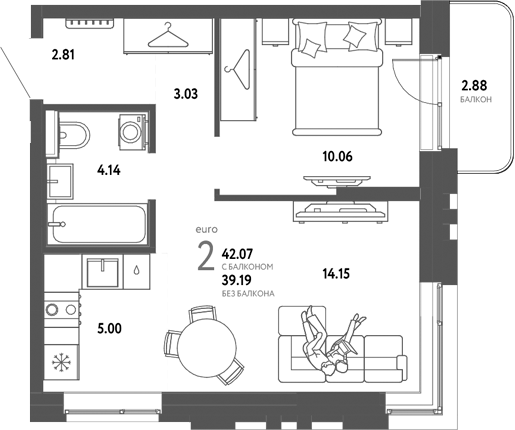 Планировка — Сибирский сад, 2-комн., 39 м²