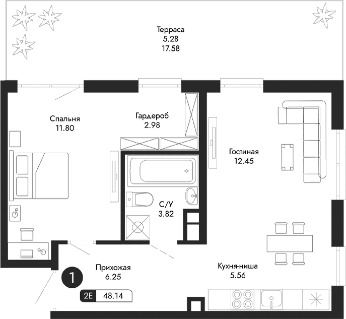 Планировка — Парковая Резиденция, 2-комн., 43 м²