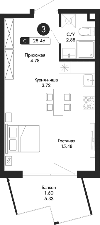 Планировка — Парковая Резиденция, Студия, 27 м²