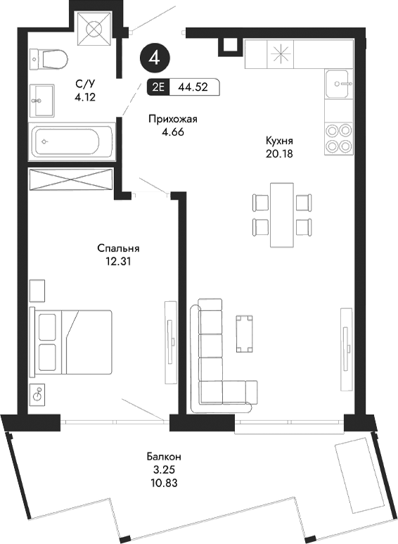 Планировка — Парковая Резиденция, 2-комн., 41 м²