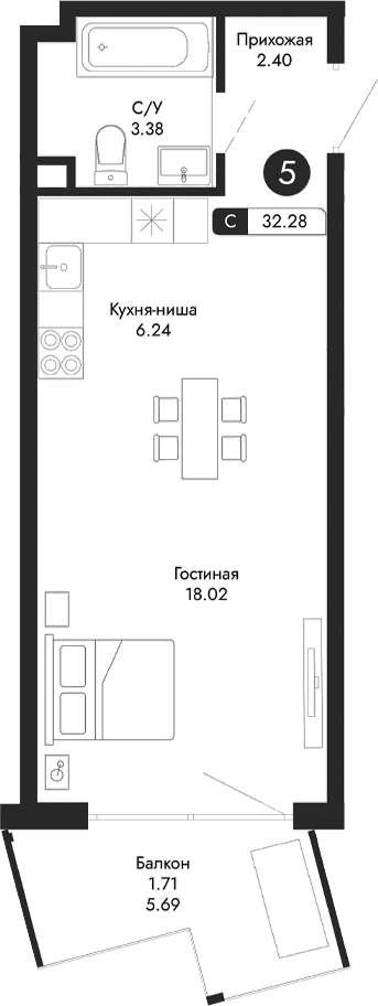 Планировка — Парковая Резиденция, Студия, 31 м²