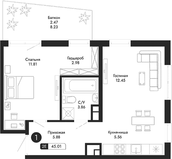 Планировка — Парковая Резиденция, 2-комн., 43 м²