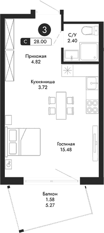 Планировка — Парковая Резиденция, Студия, 26 м²