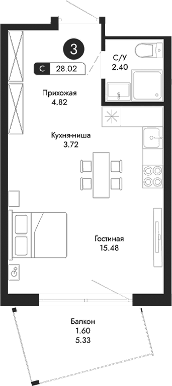 Планировка — Парковая Резиденция, Студия, 26 м²