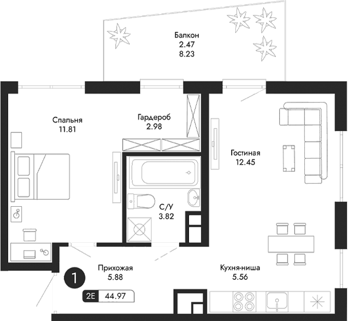 Планировка — Парковая Резиденция, 2-комн., 43 м²