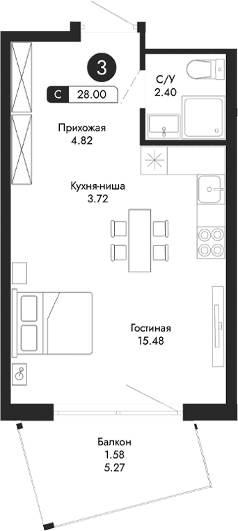 Планировка — Парковая Резиденция, Студия, 26 м²