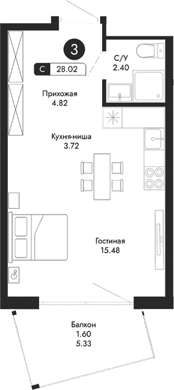 Планировка — Парковая Резиденция, Студия, 26 м²