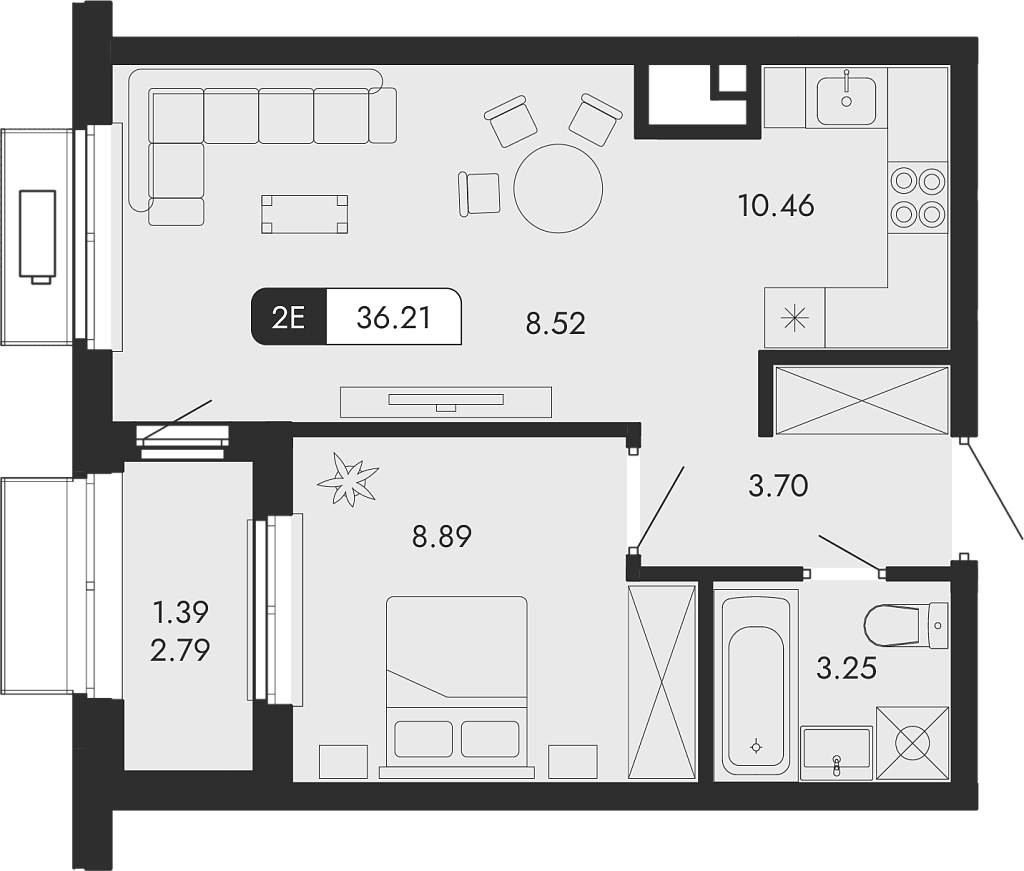 Планировка — Парковая Резиденция, 2-комн., 35 м²
