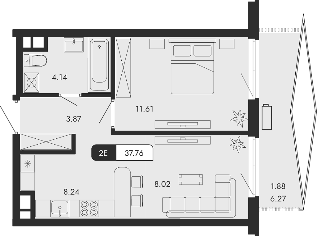 Планировка — Парковая Резиденция, 2-комн., 36 м²