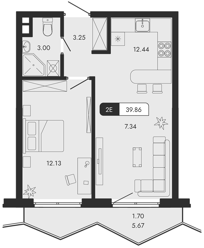 Планировка — Парковая Резиденция, 2-комн., 38 м²
