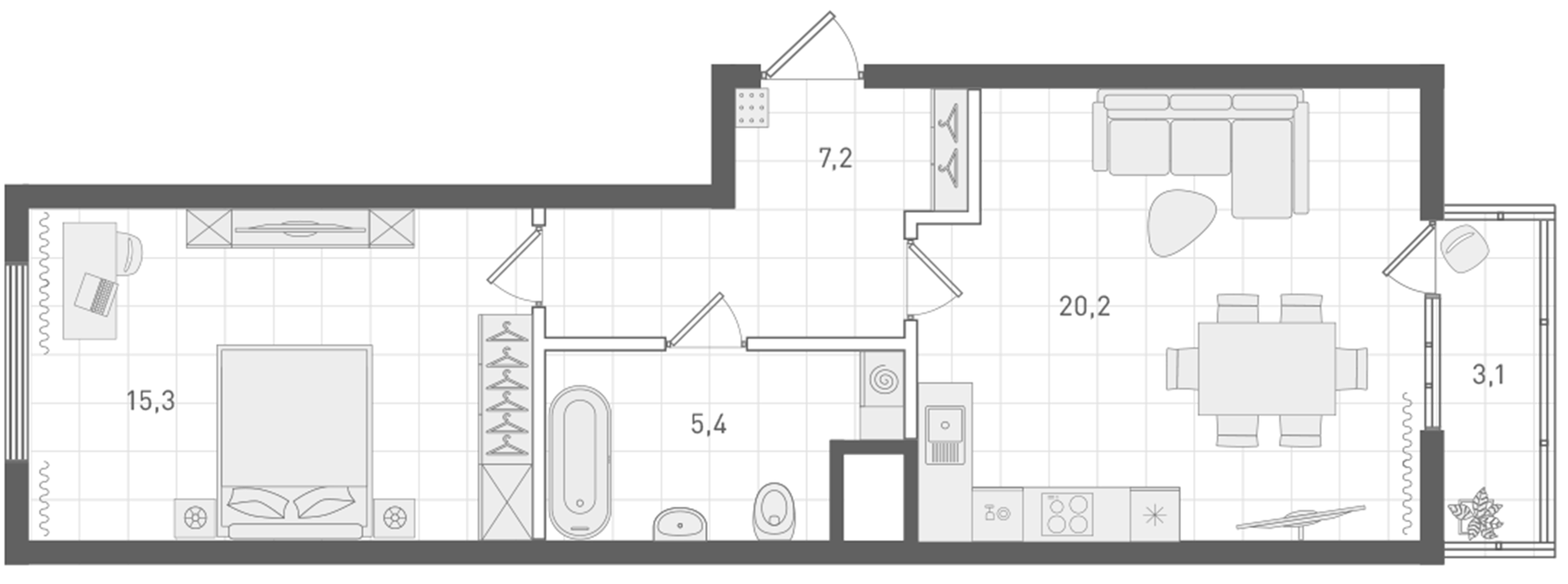 Планировка — Русь XXI, 1-комн., 48 м²