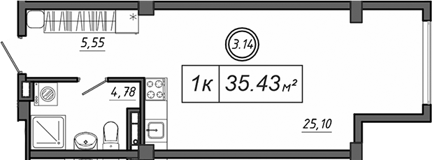 Планировка — Приморский, Студия, 35 м²