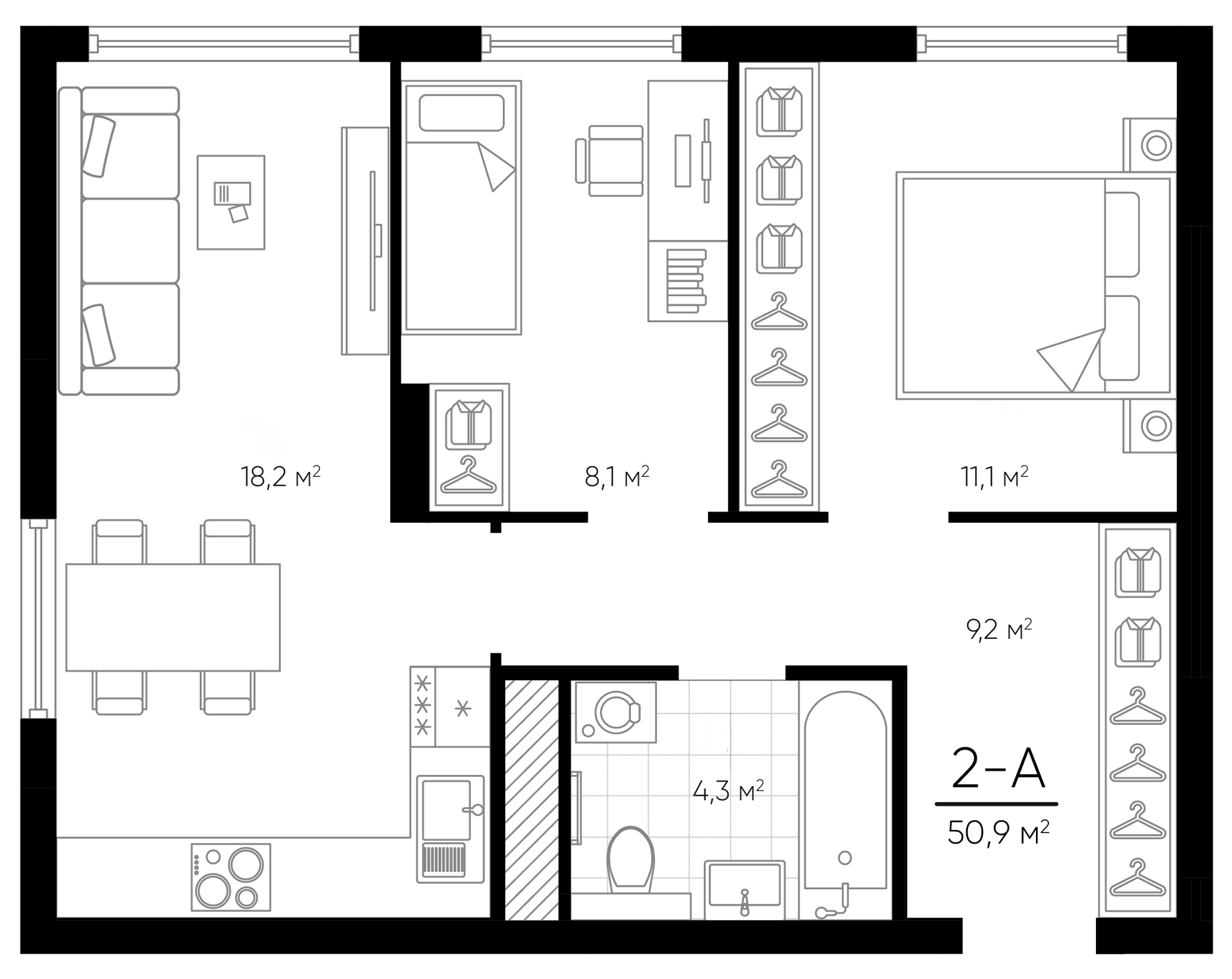 Планировка — Amundsen, 3-комн., 51 м²