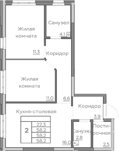 Планировка — Береговой, 3-комн., 58 м²