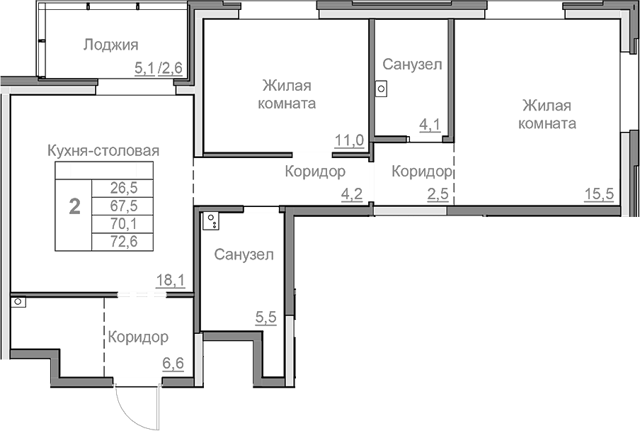 Планировка — Береговой, 3-комн., 68 м²