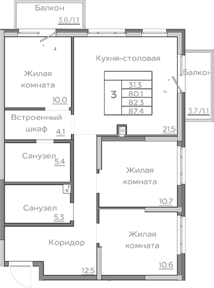 Планировка — Береговой, 4-комн., 80 м²