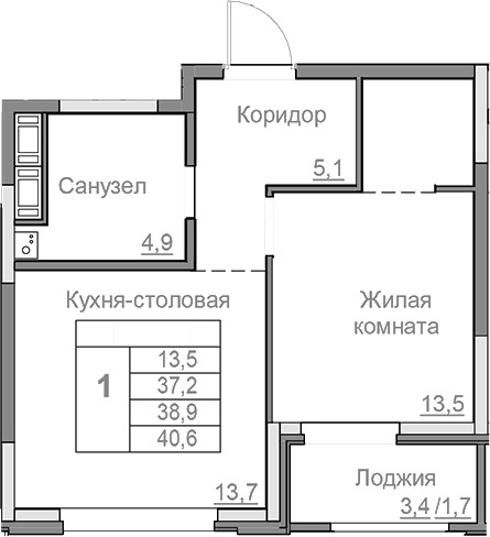 Планировка — Береговой, 2-комн., 37 м²