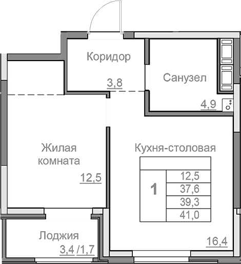 Планировка — Береговой, 2-комн., 38 м²