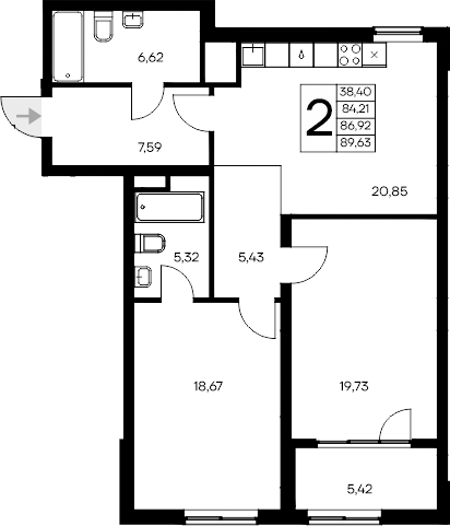 Планировка — Листория, 2-комн., 84 м²