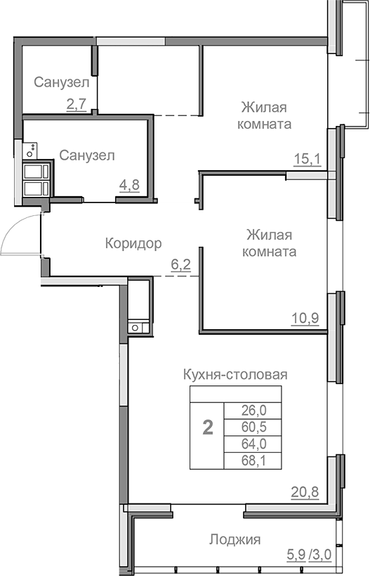 Планировка — Береговой, 3-комн., 61 м²