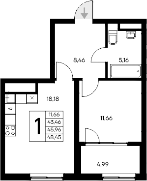 Планировка — Листория, 1-комн., 43 м²