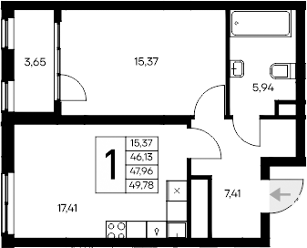 Планировка — Листория, 1-комн., 46 м²