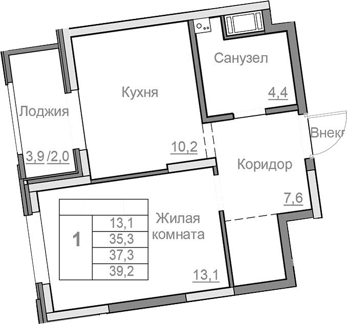 Планировка — Береговой, 1-комн., 35 м²