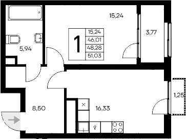 Планировка — Листория, 1-комн., 46 м²