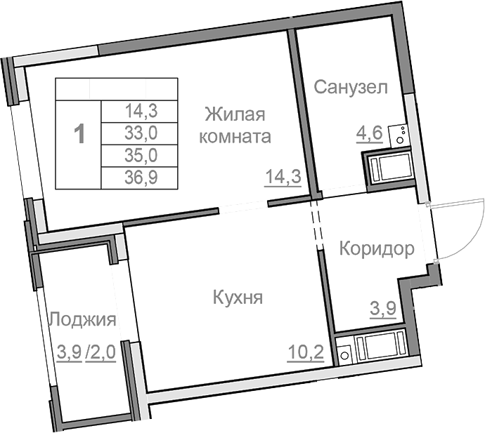 Планировка — Береговой, 1-комн., 33 м²