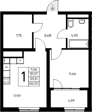 Планировка — Листория, 1-комн., 51 м²
