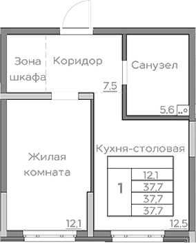 Планировка — Береговой, 1-комн., 38 м²