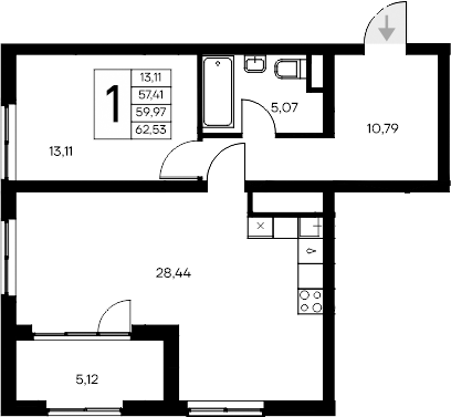 Планировка — Листория, 1-комн., 57 м²