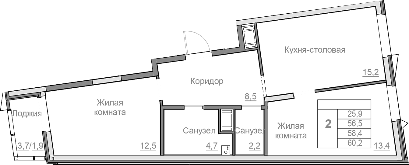 Планировка — Береговой, 3-комн., 57 м²