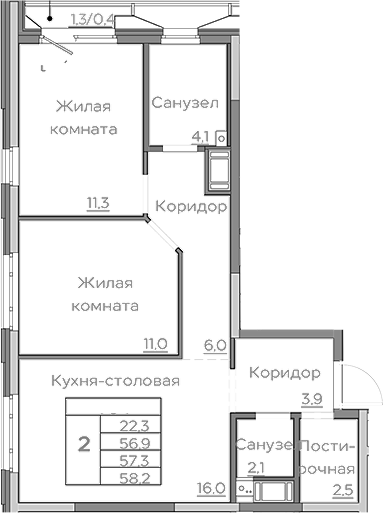 Планировка — Береговой, 3-комн., 57 м²