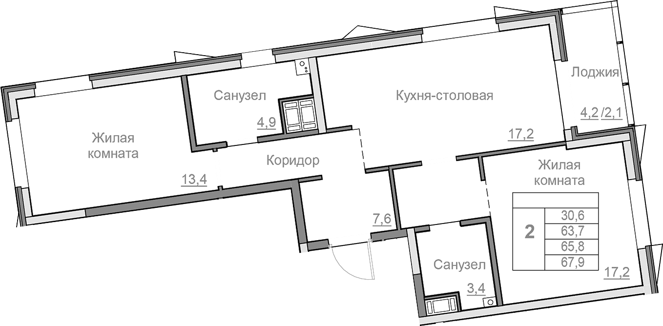 Планировка — Береговой, 3-комн., 64 м²