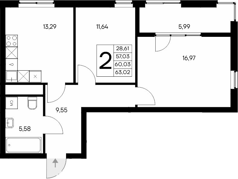 Планировка — Листория, 2-комн., 57 м²