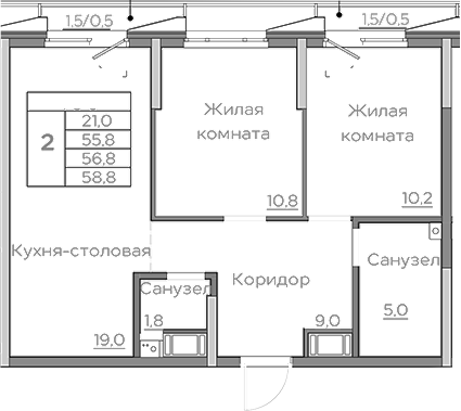 Планировка — Береговой, 3-комн., 56 м²