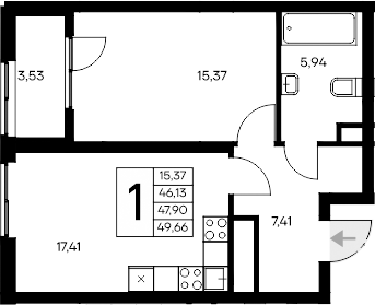 Планировка — Листория, 1-комн., 46 м²