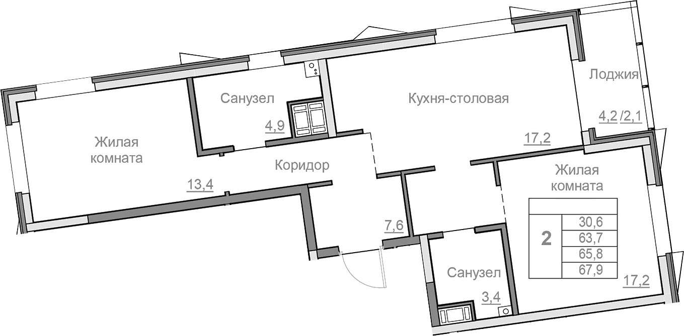 Планировка — Береговой, 3-комн., 64 м²