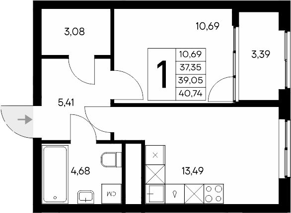 Планировка — Листория, 1-комн., 37 м²
