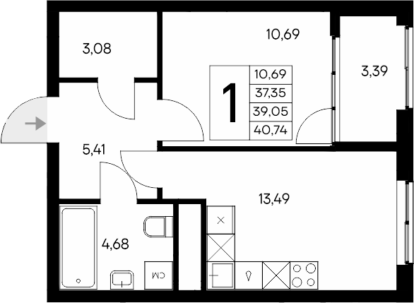 Планировка — Листория, 1-комн., 37 м²