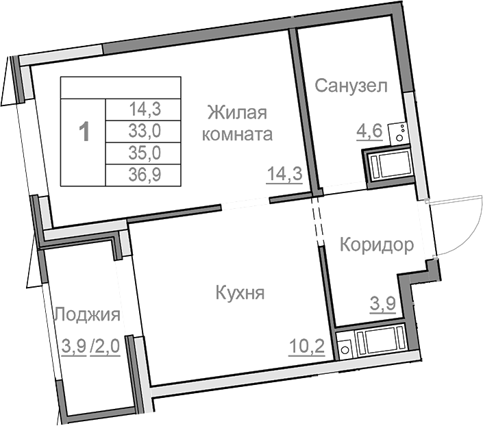 Планировка — Береговой, 1-комн., 33 м²