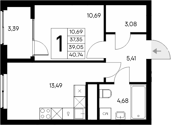 Планировка — Листория, 1-комн., 37 м²