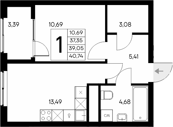 Планировка — Листория, 1-комн., 37 м²
