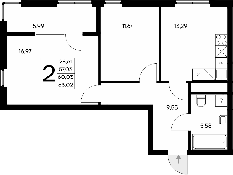 Планировка — Листория, 2-комн., 57 м²