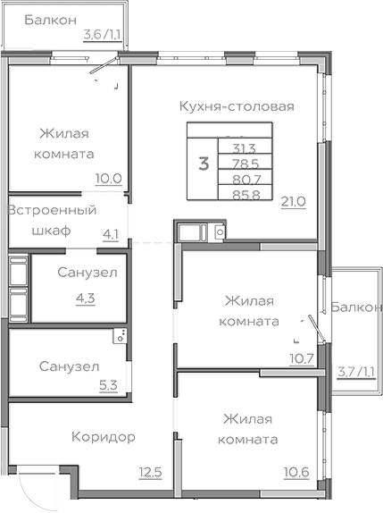 Планировка — Береговой, 4-комн., 79 м²