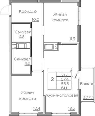 Планировка — Береговой, 3-комн., 57 м²